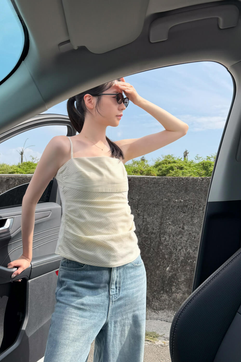 條紋拼接抽皺上衣