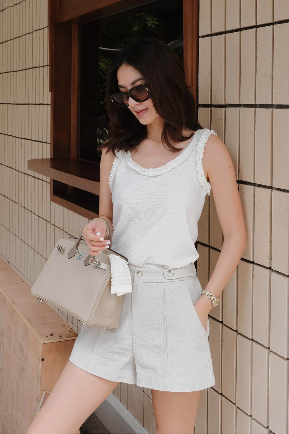 抽皺花邊圓領背心