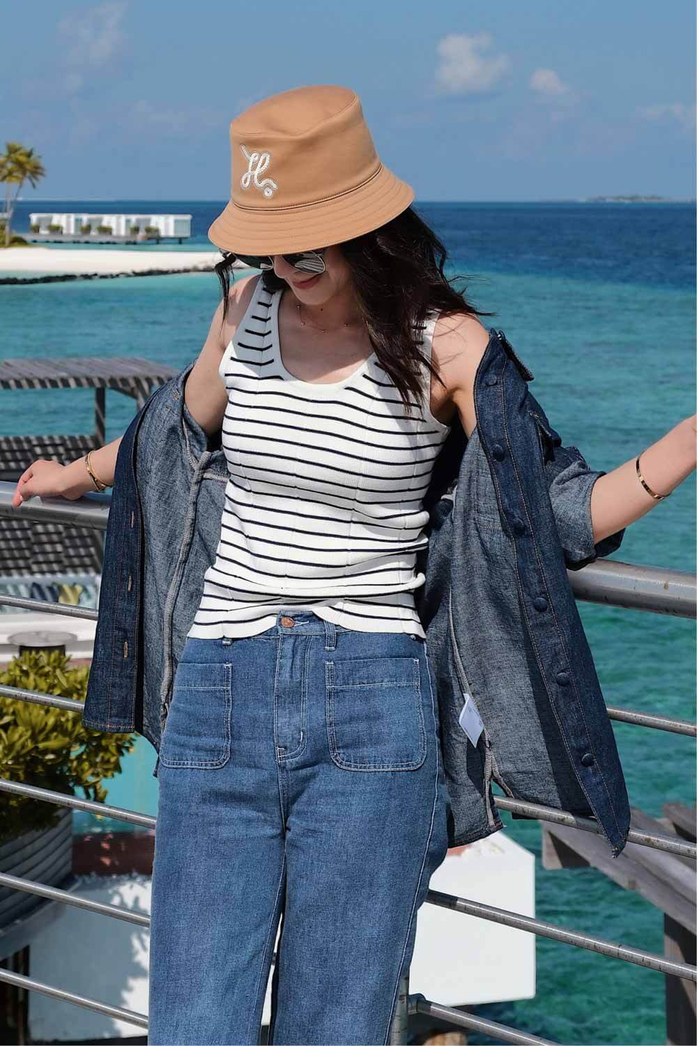 U領條紋針織背心