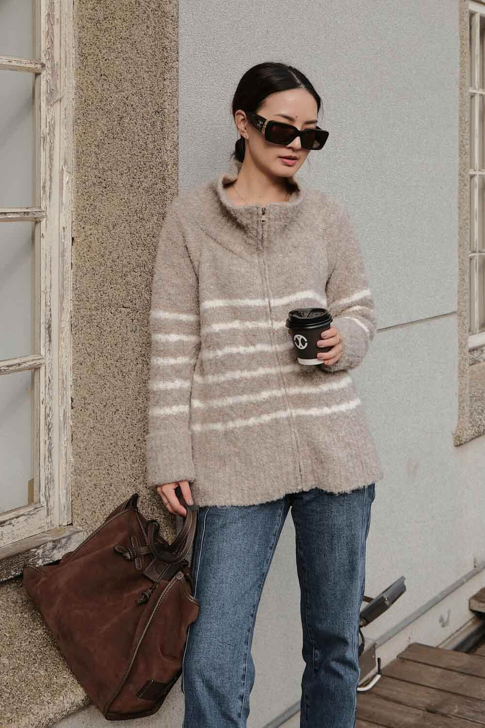 條紋拉鏈針織外套