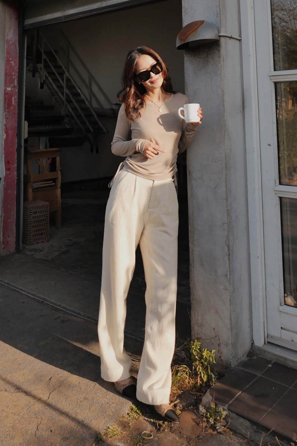 100%羊毛打褶寬鬆褲