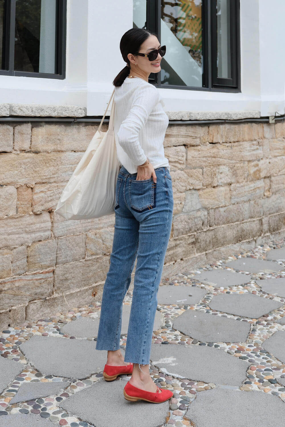 後口袋配色牛仔褲