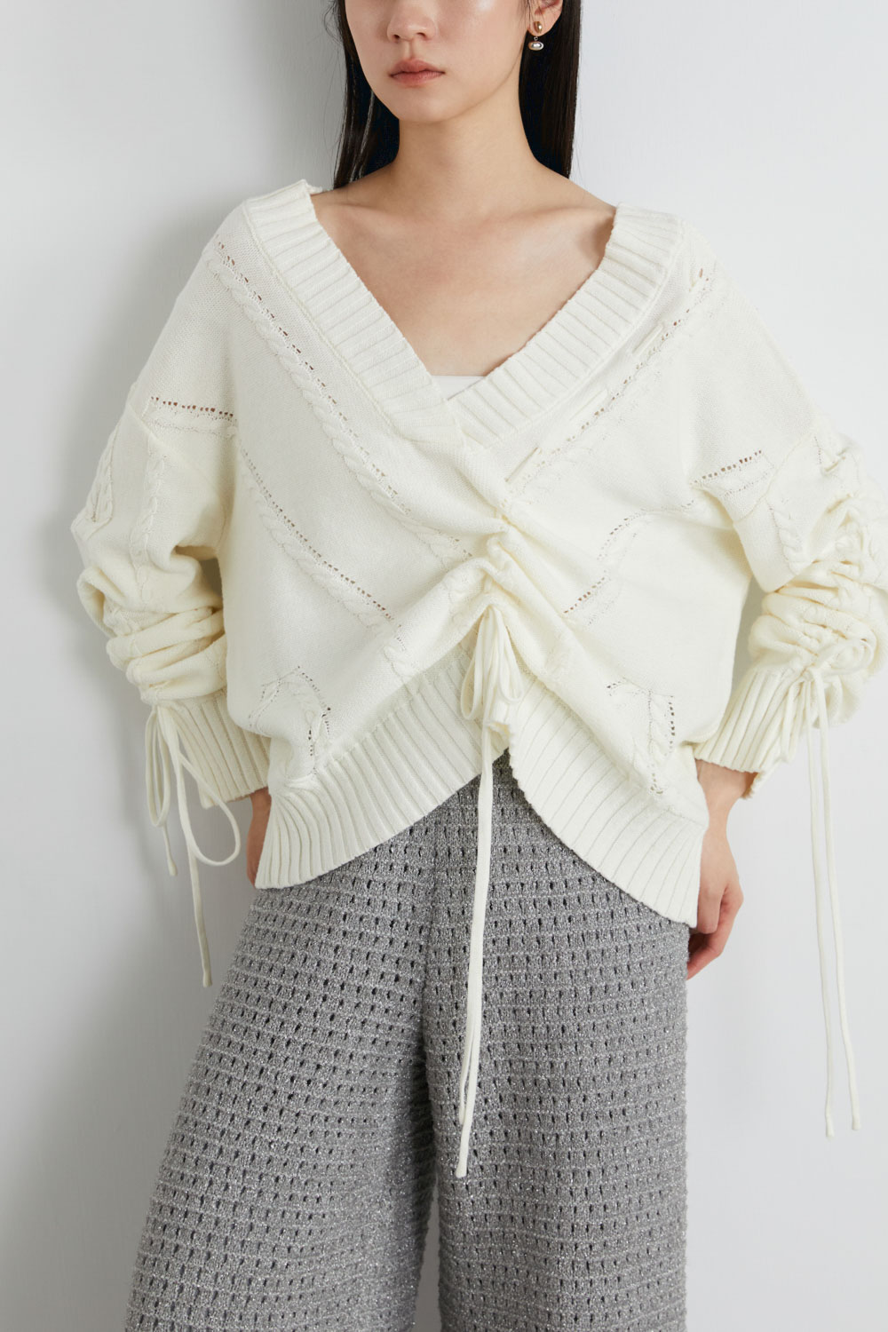 V領抽繩針織上衣