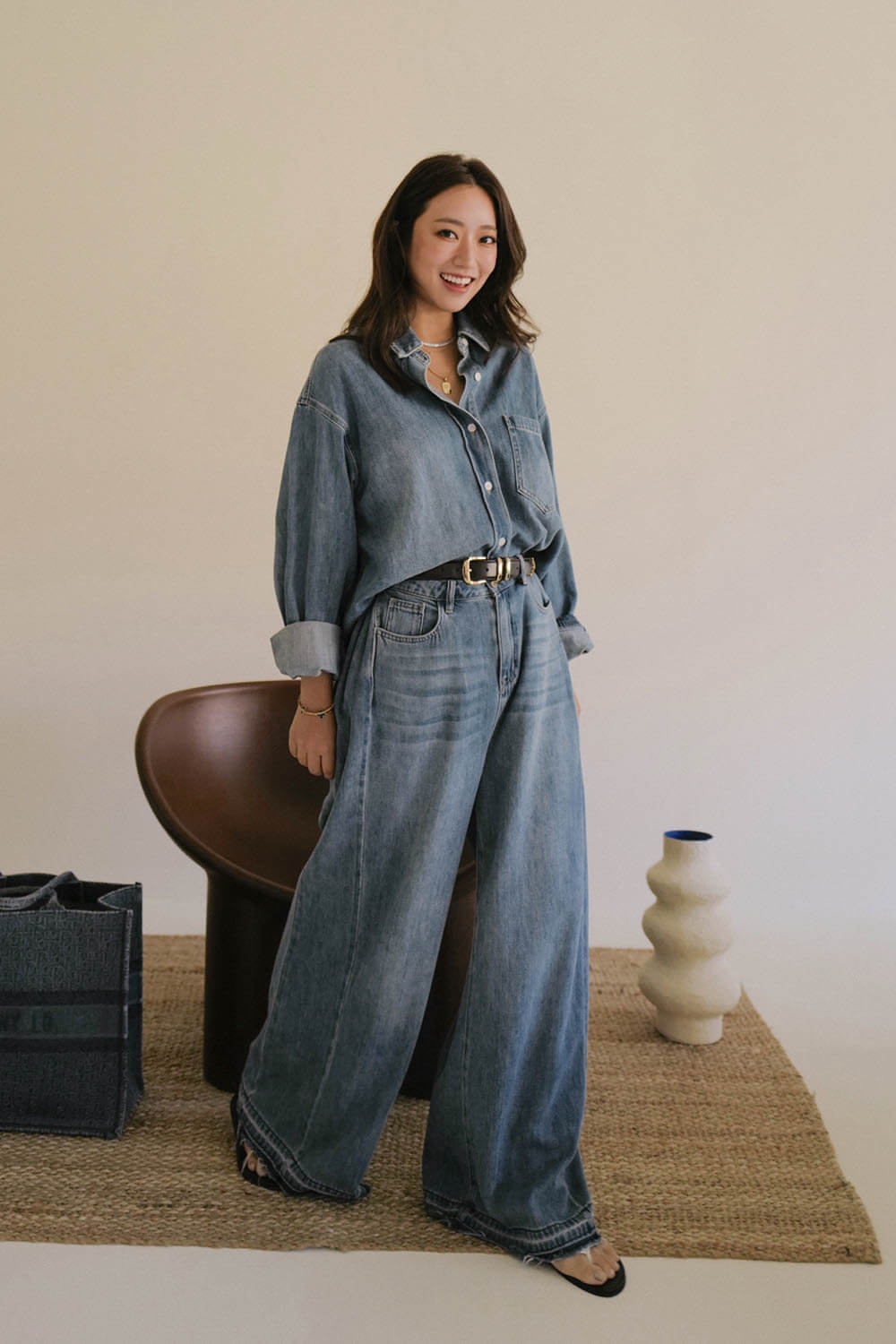 腿超長牛仔寬褲