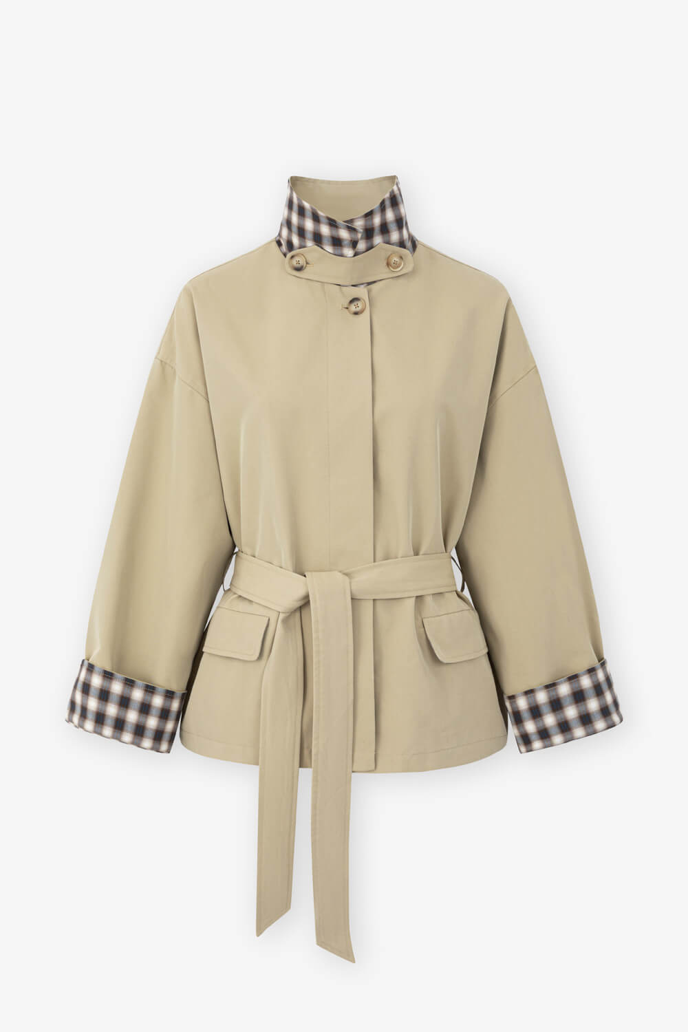 拼接格紋風衣外套