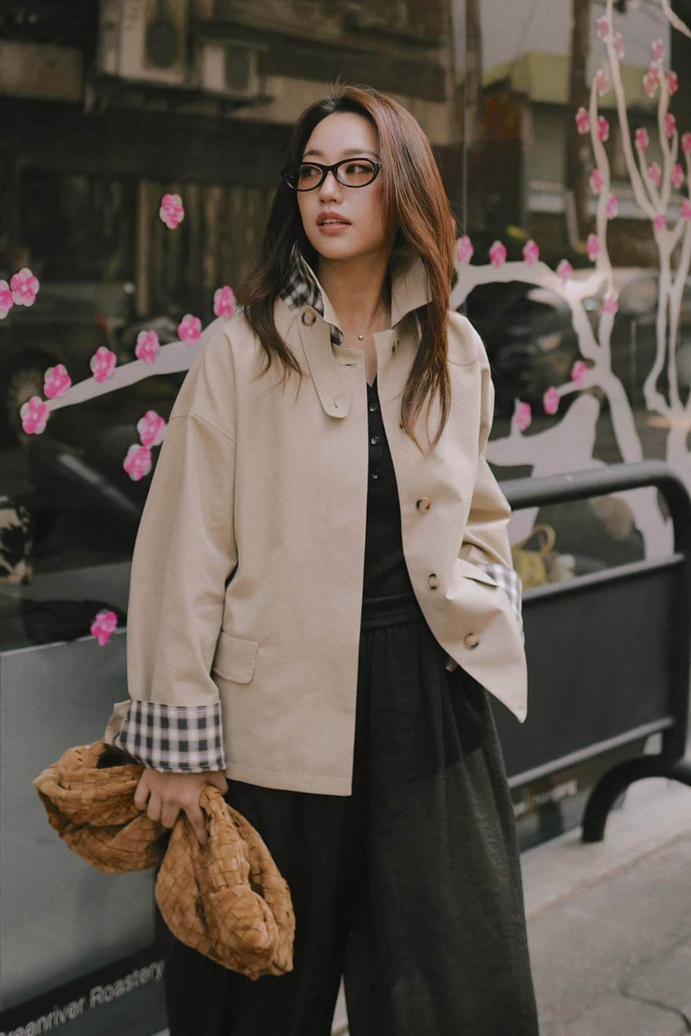 拼接格紋風衣外套