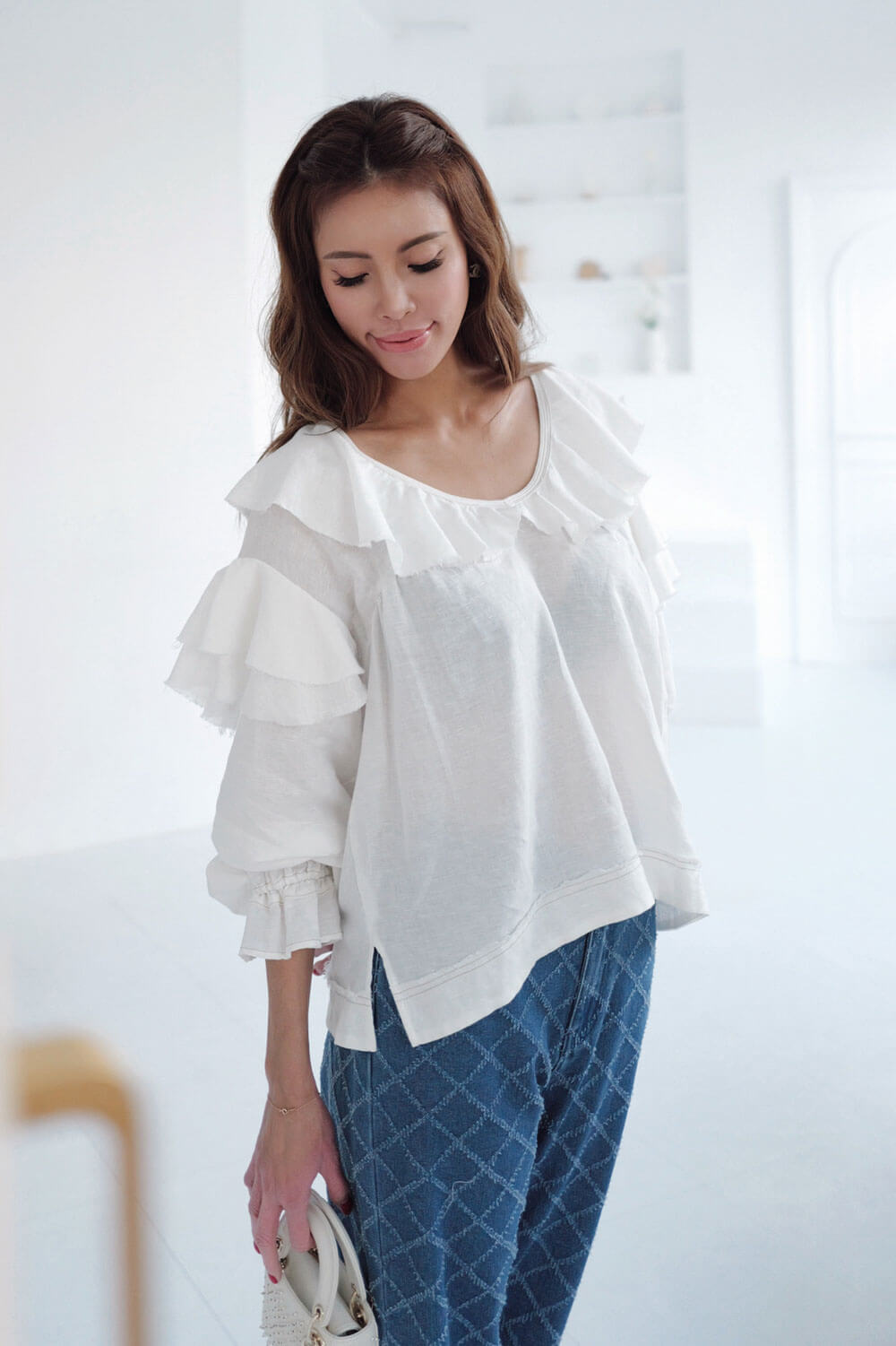 荷葉領棉麻上衣