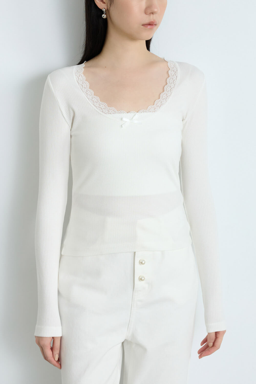 U領蕾絲坑條上衣