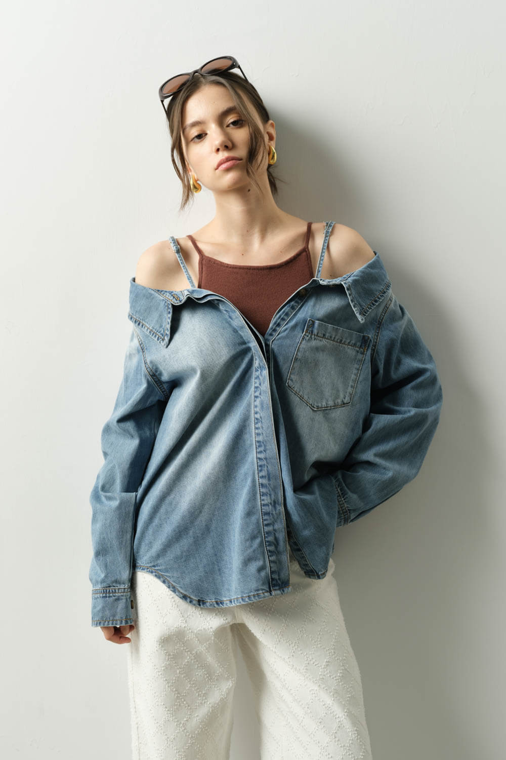 吊帶牛仔長袖襯衫