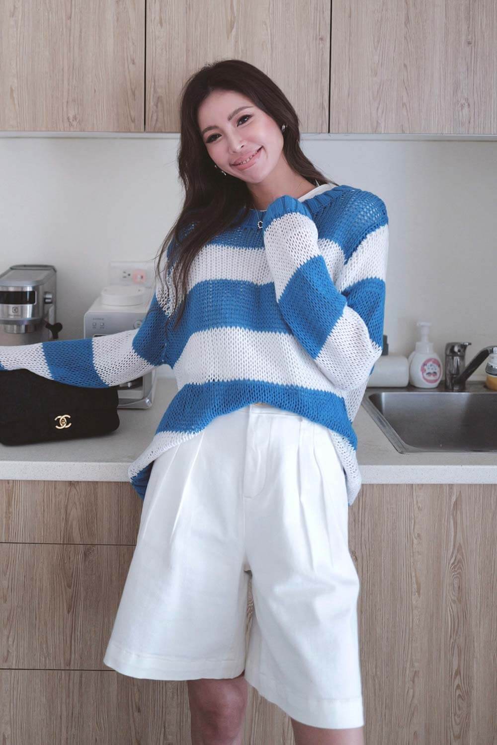 寬條一字領針織上衣