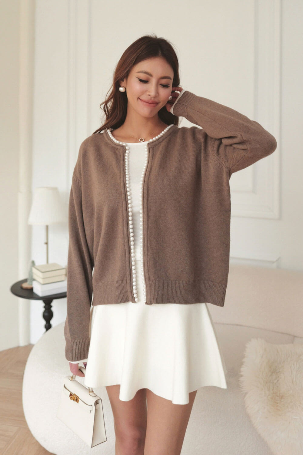 珍珠飾邊針織外套