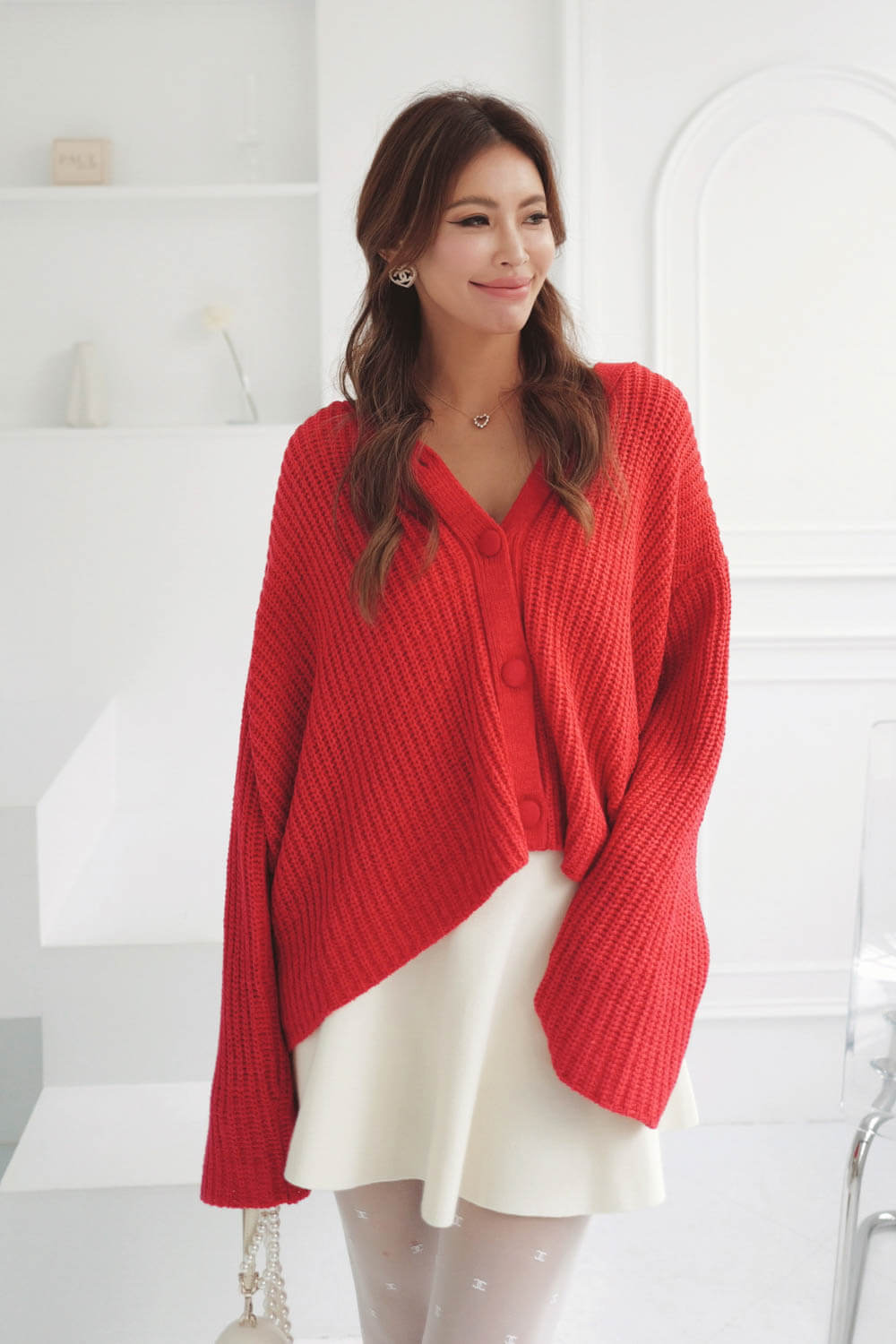 坑條V領針織外套