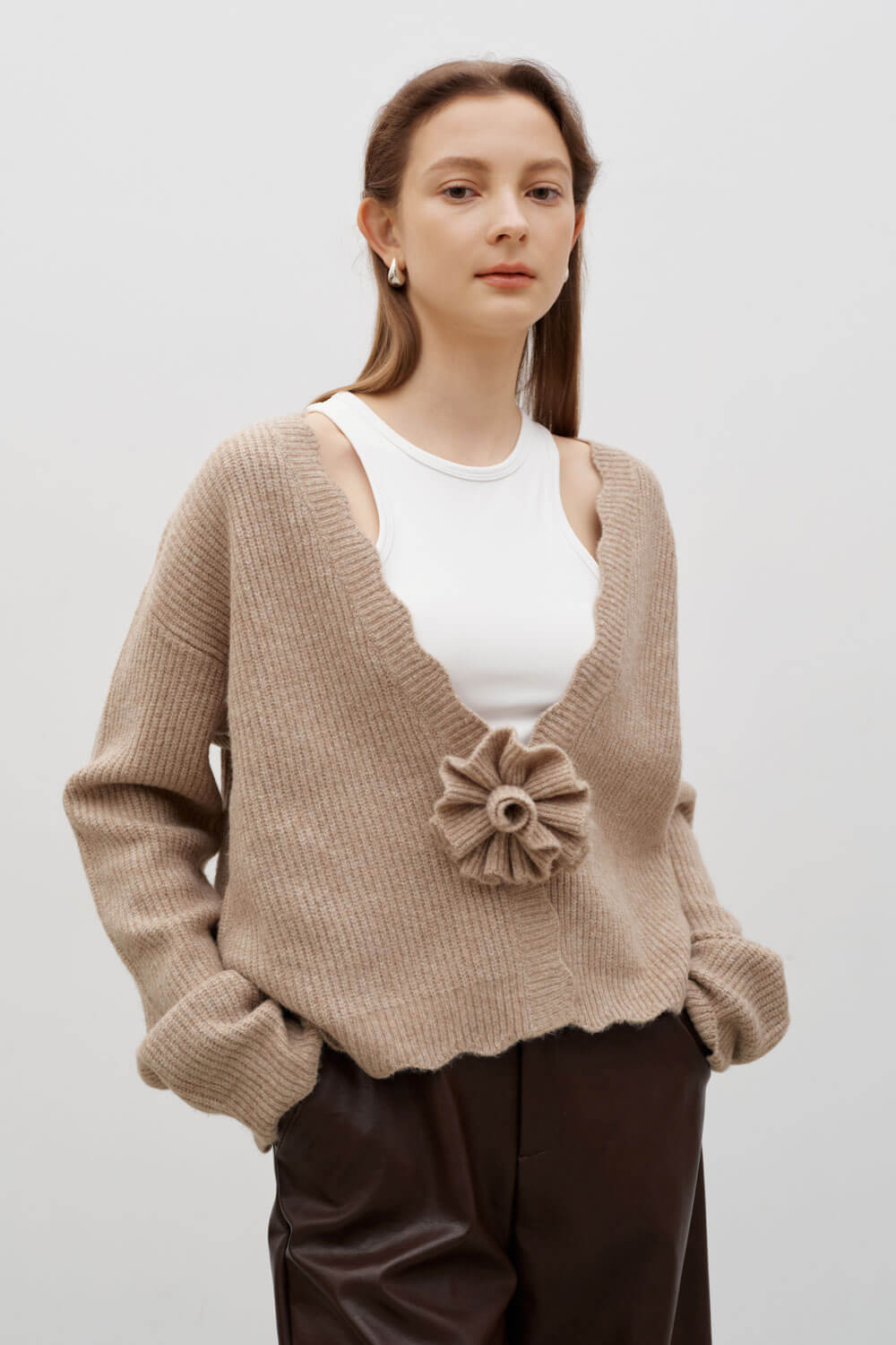 花朵V領針織外套
