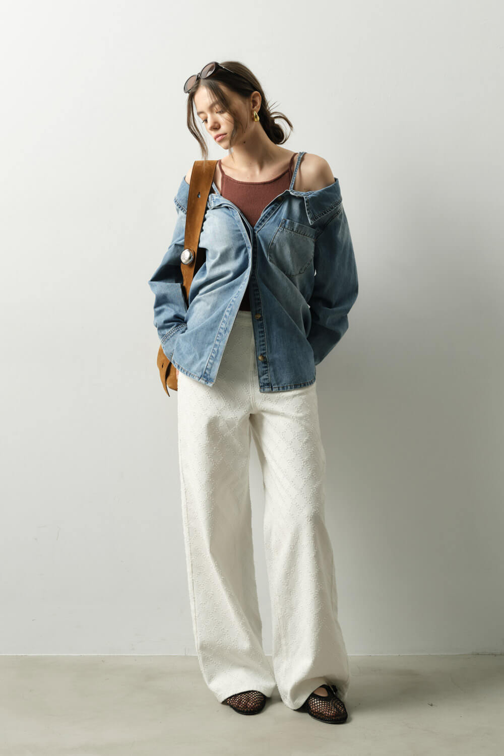 提花菱格牛仔長褲