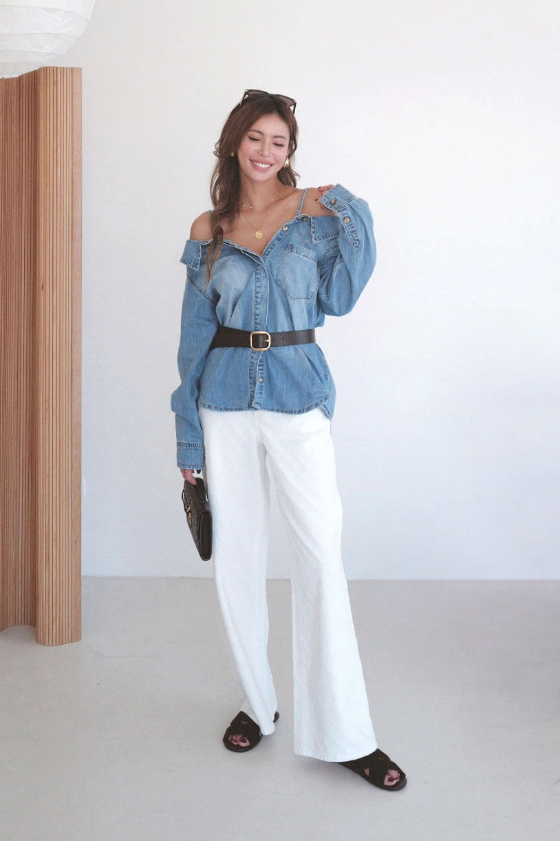 提花菱格牛仔長褲