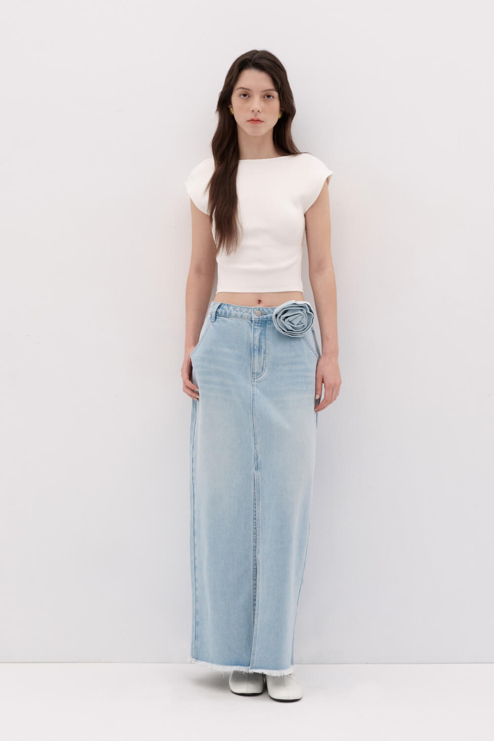 前開衩玫瑰牛仔長裙