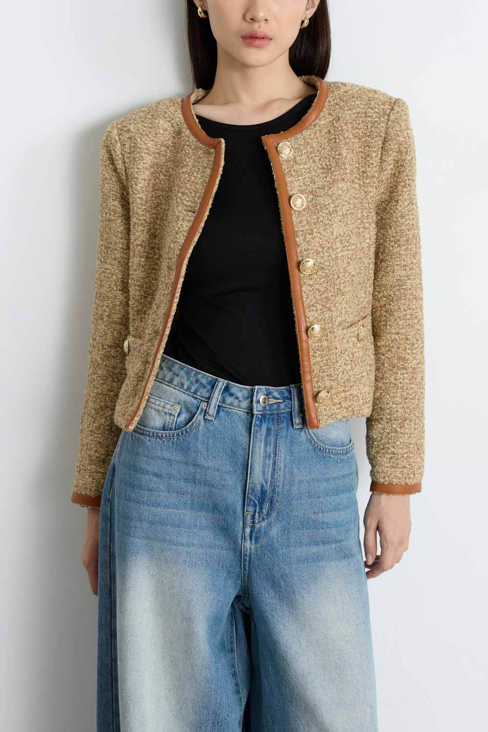 圓領壓皮邊花呢外套