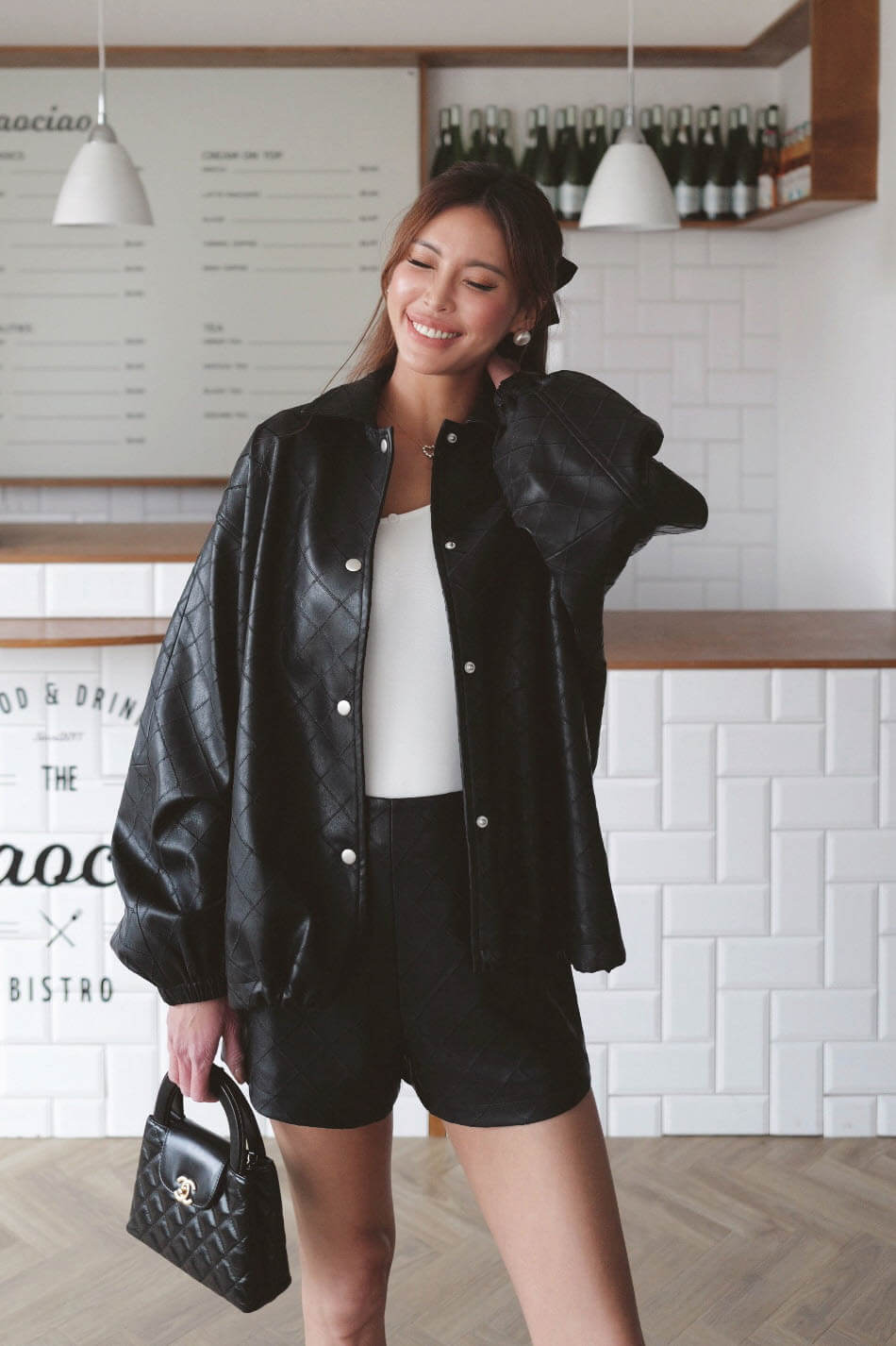 菱格壓紋仿皮棒球外套