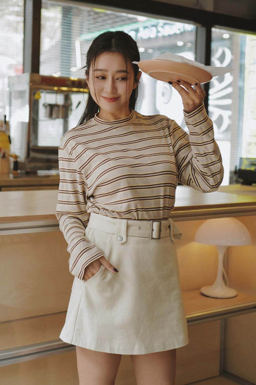 立領配色條紋上衣