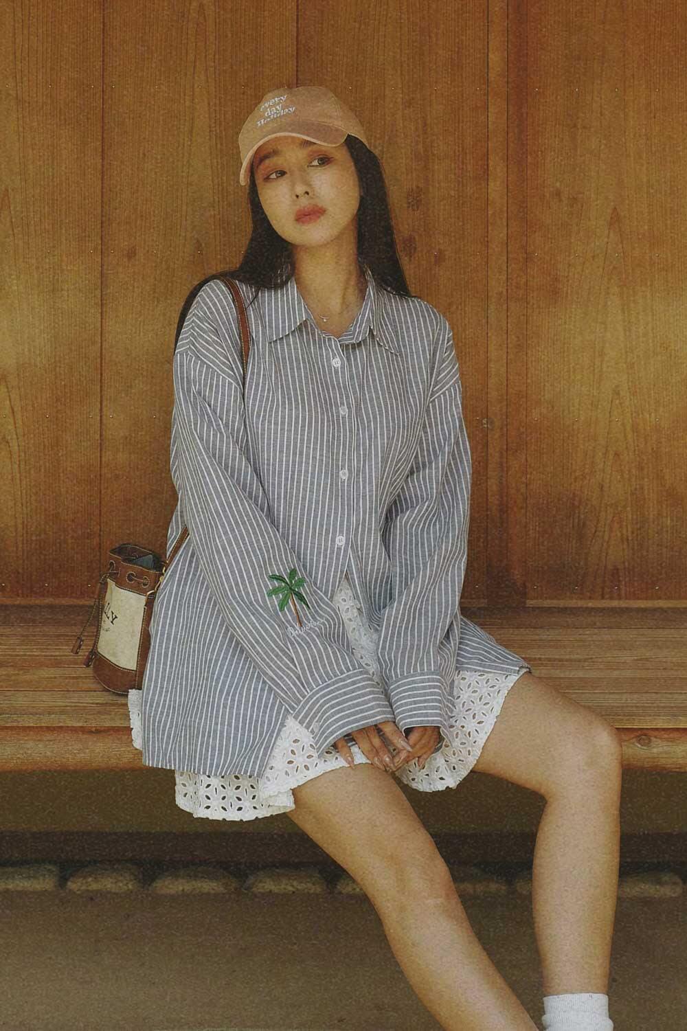 PALM TREE繡花條紋襯衫