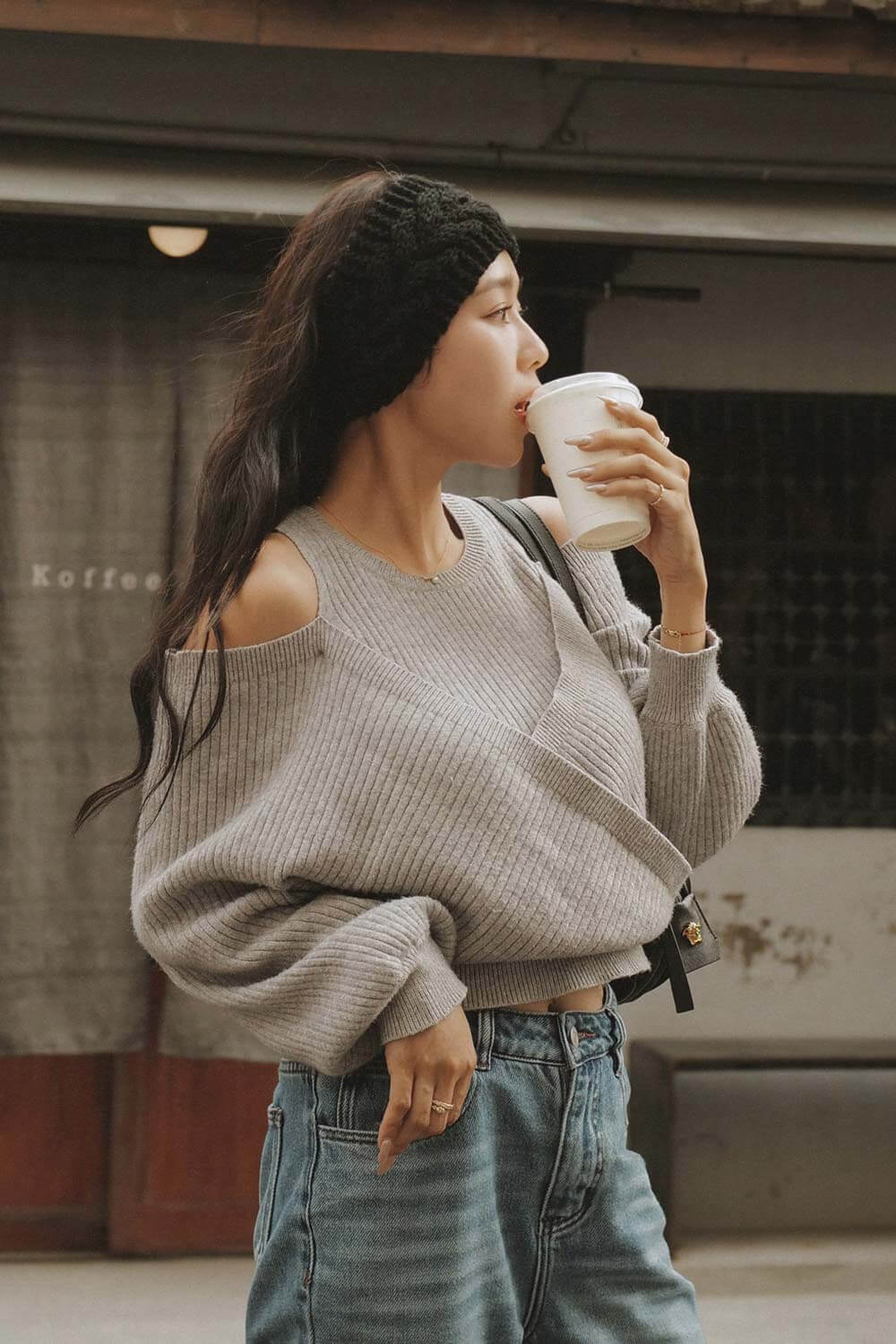 露肩假兩件針織上衣