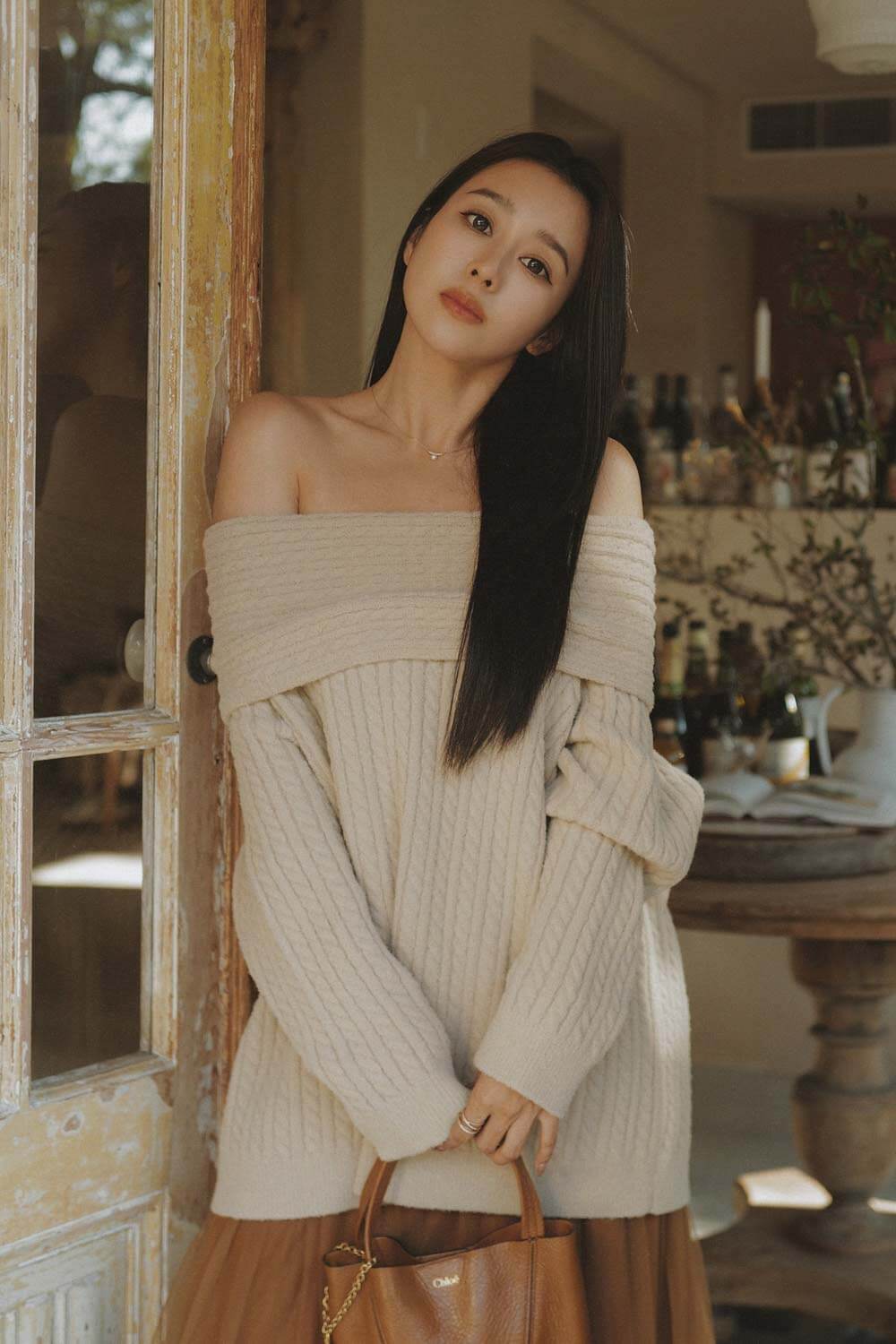 一字領麻花針織上衣