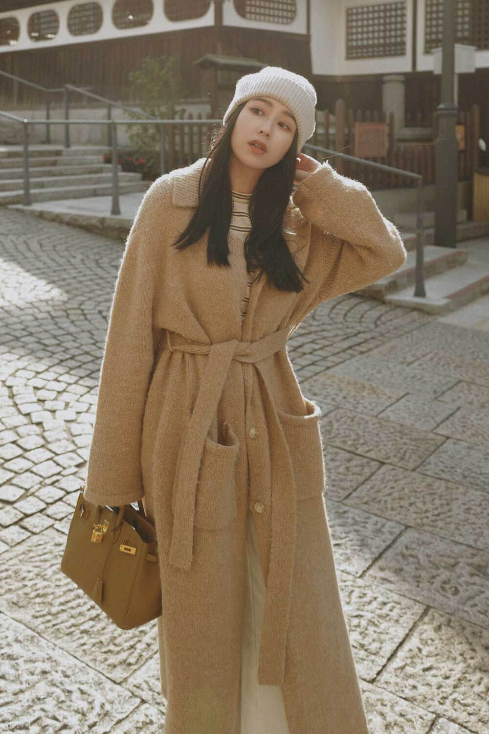 綁帶長版針織外套