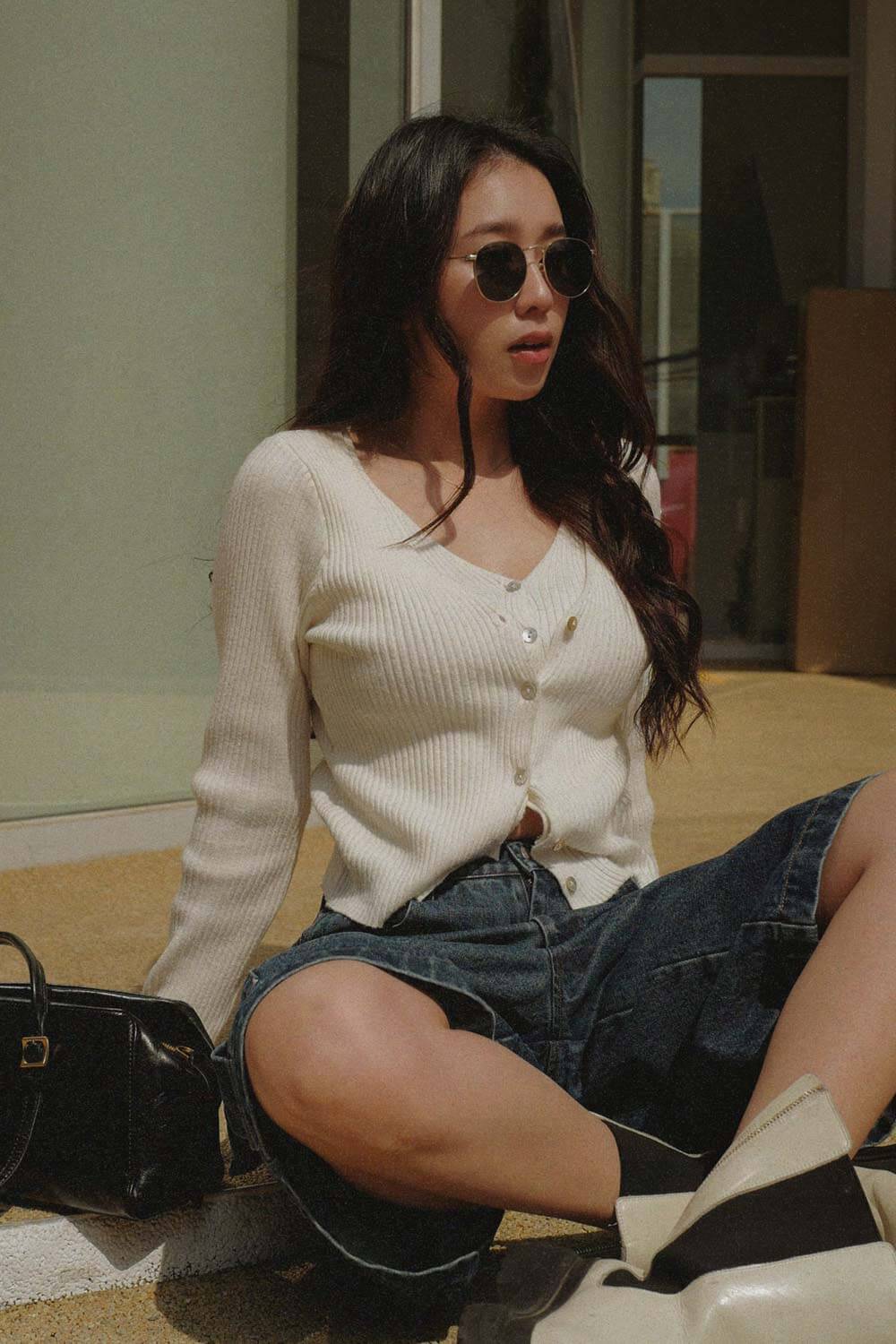 假兩件坑條針織上衣