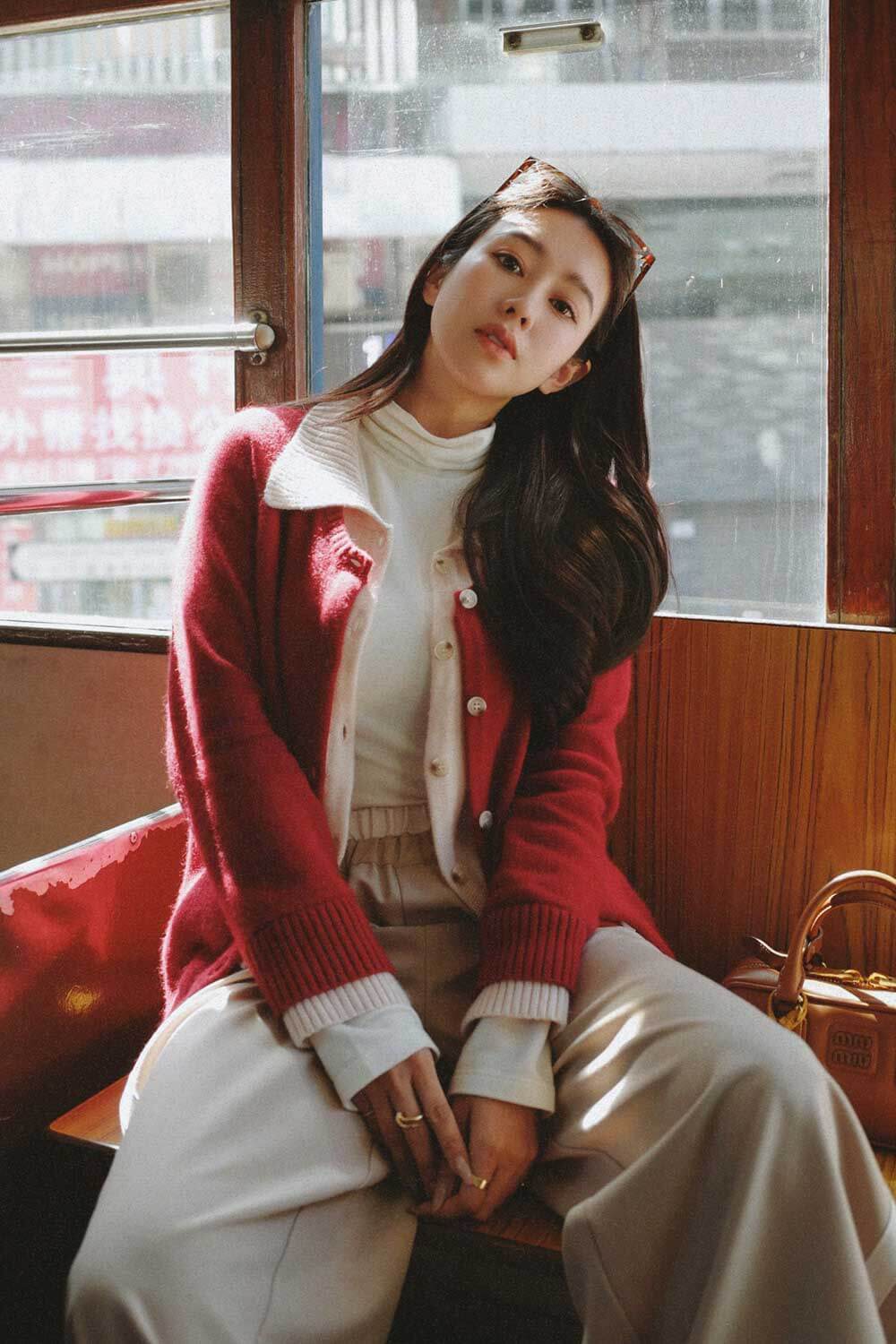 假兩件開襟針織衫