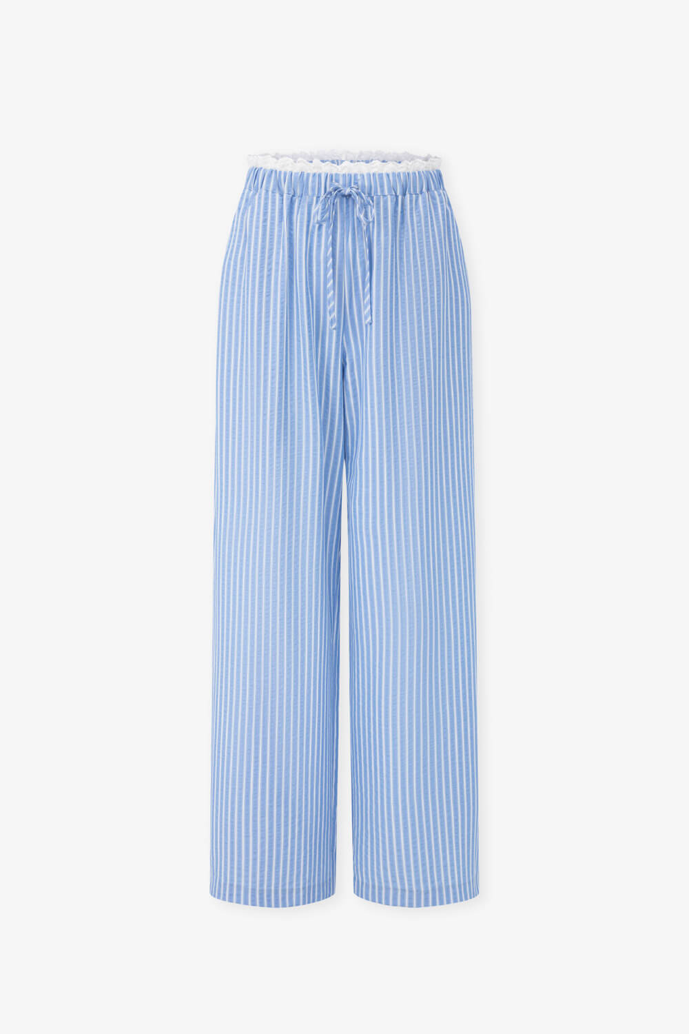 蕾絲拼接條紋寬褲