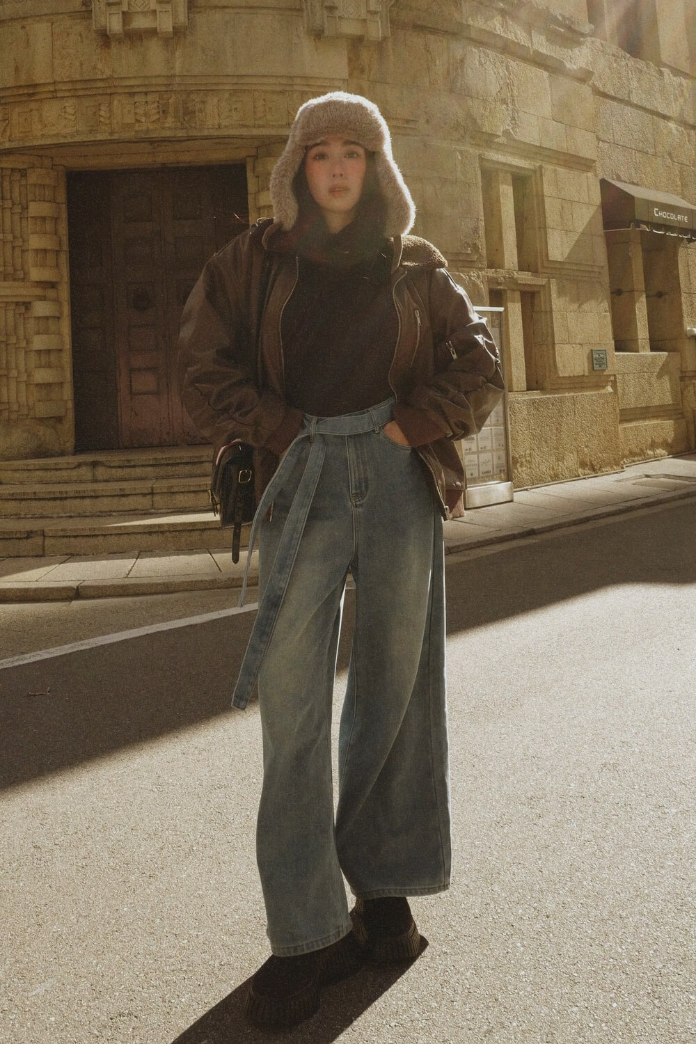 綁帶刷毛牛仔寬褲