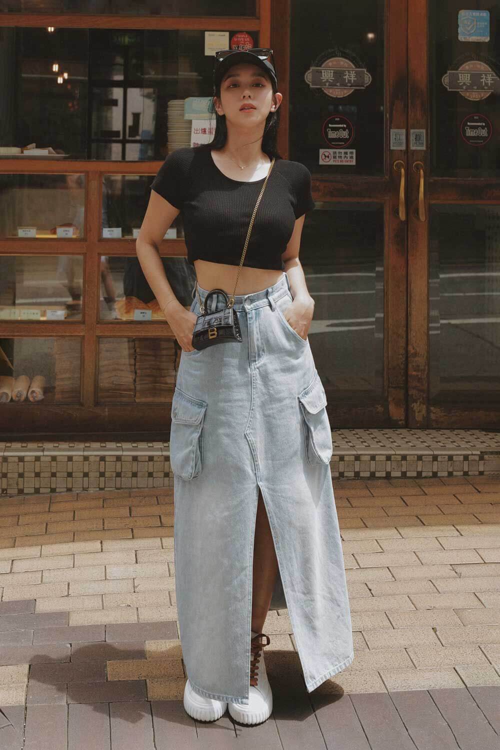 工裝刷色牛仔長裙