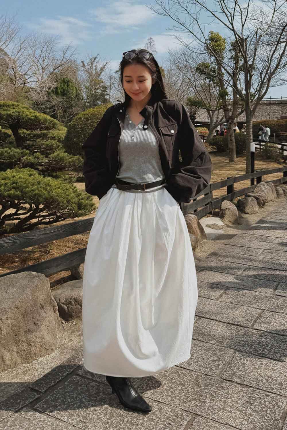 打褶花苞長裙附皮帶