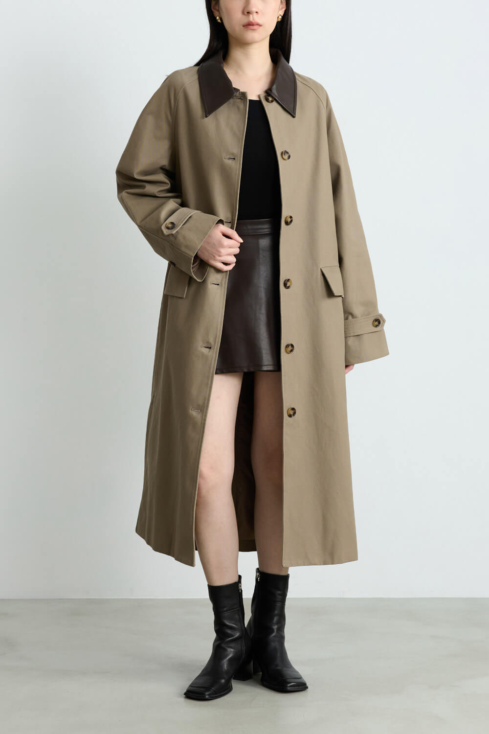 仿皮拼接風衣外套