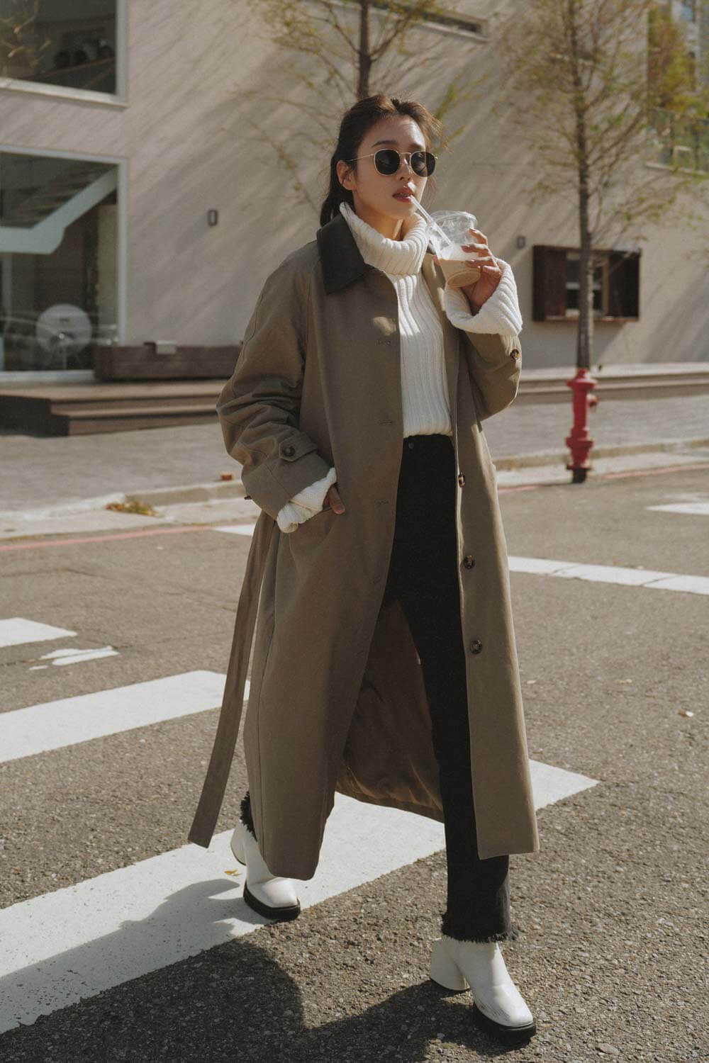 仿皮拼接風衣外套