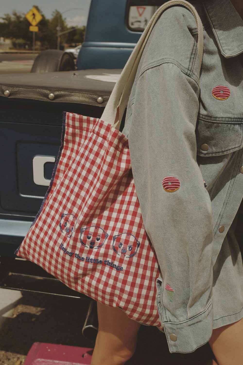 配色格紋肩背袋