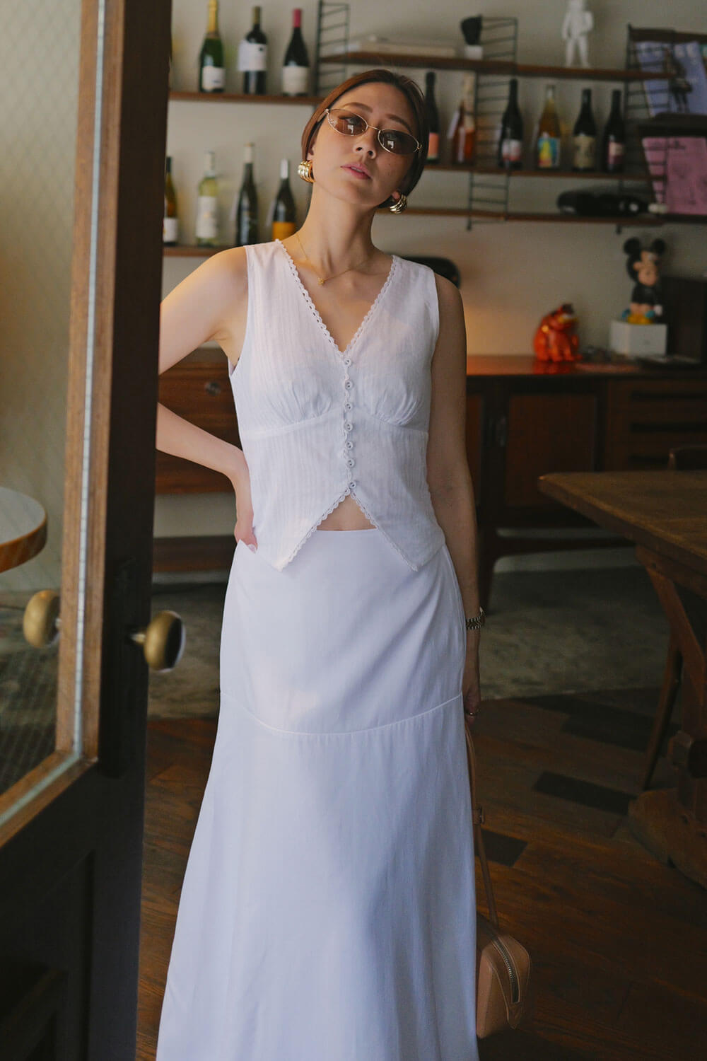 V領花邊排扣背心