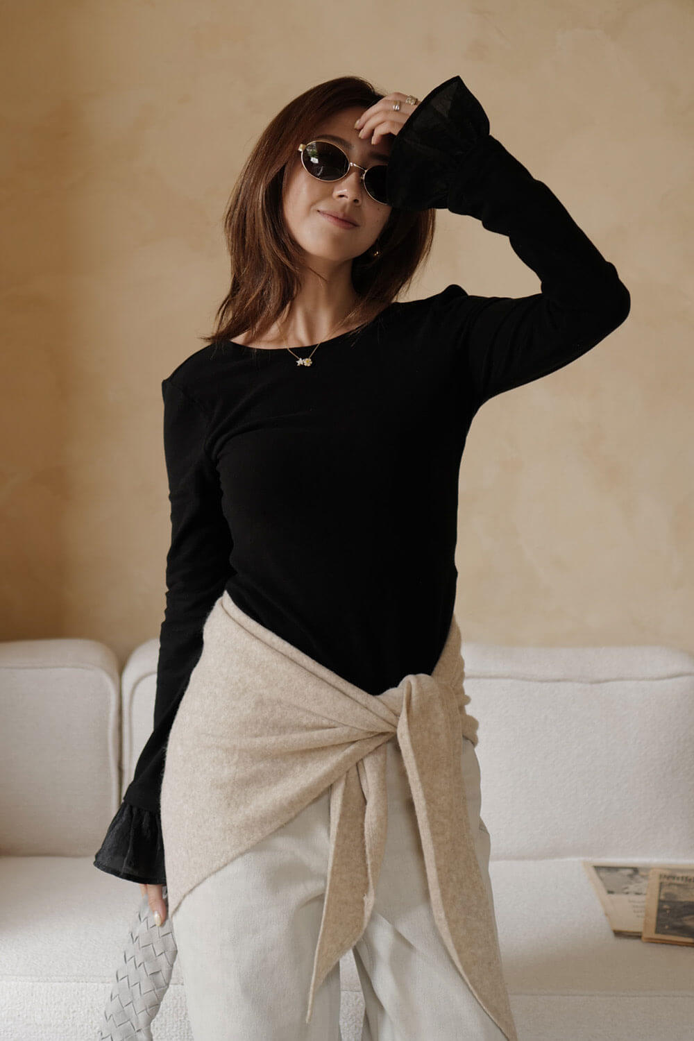 可拆式花邊袖上衣