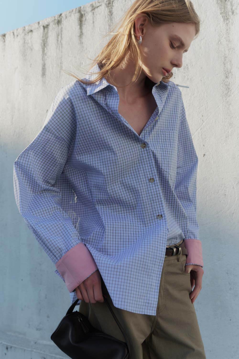 袖口配布格紋襯衫