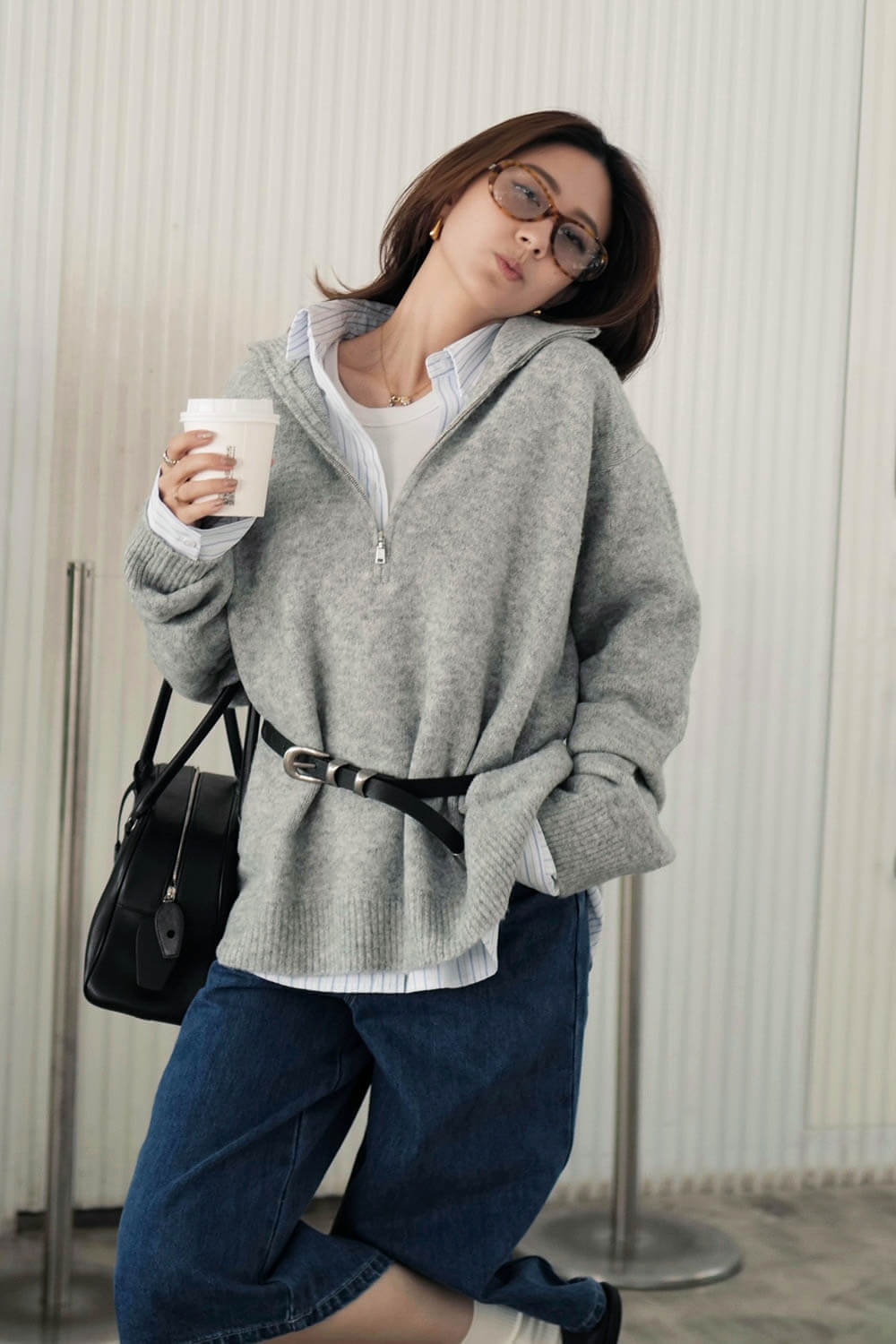 立領半開襟混紡毛衣