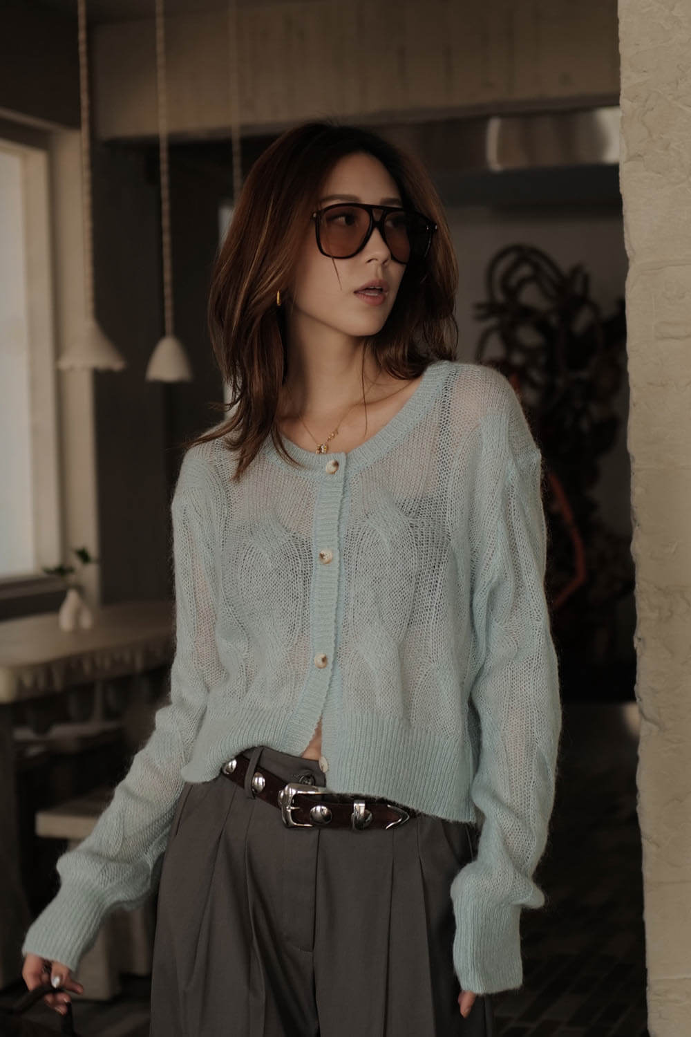 微透馬海毛針織開襟衫