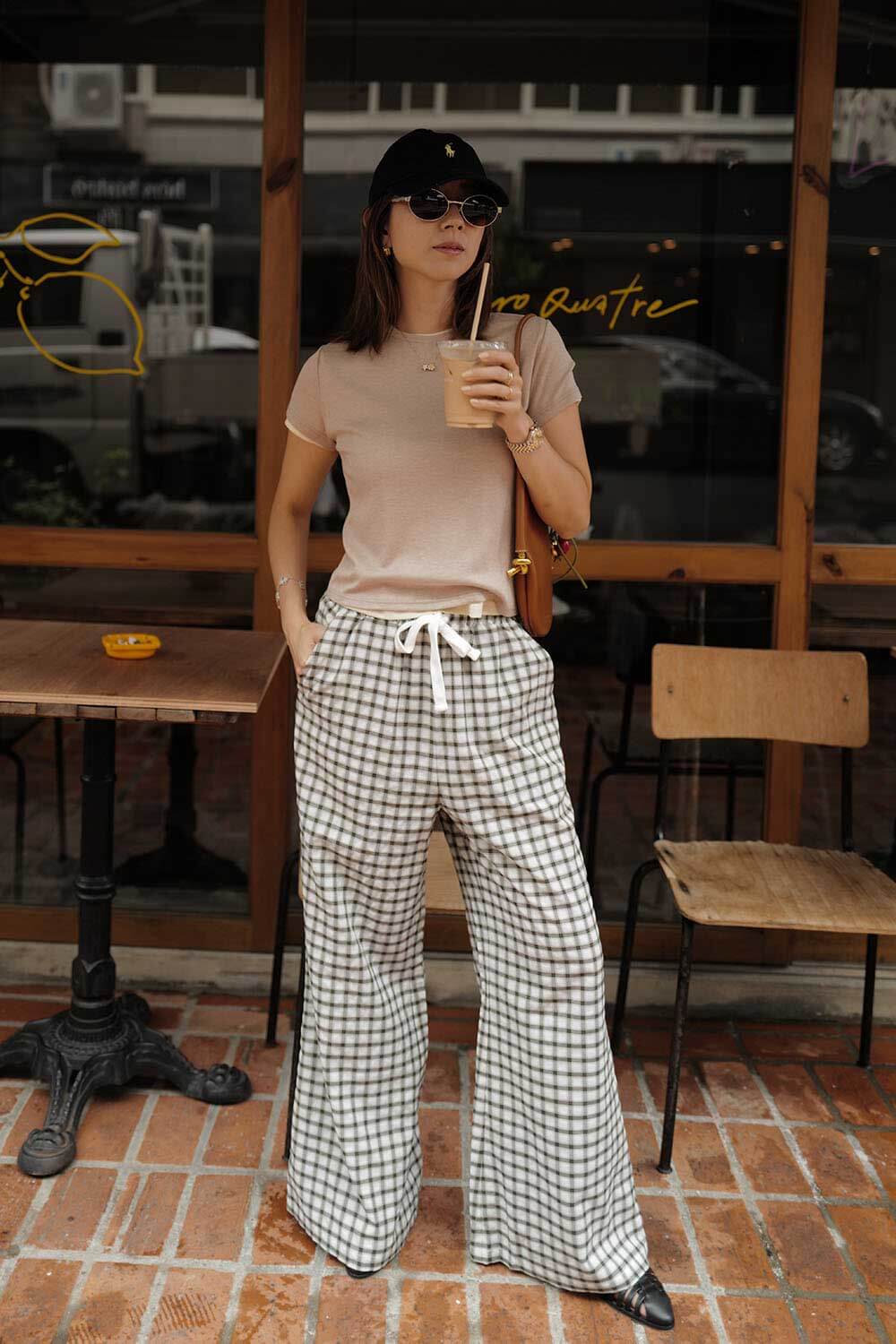 格紋綁帶寬褲