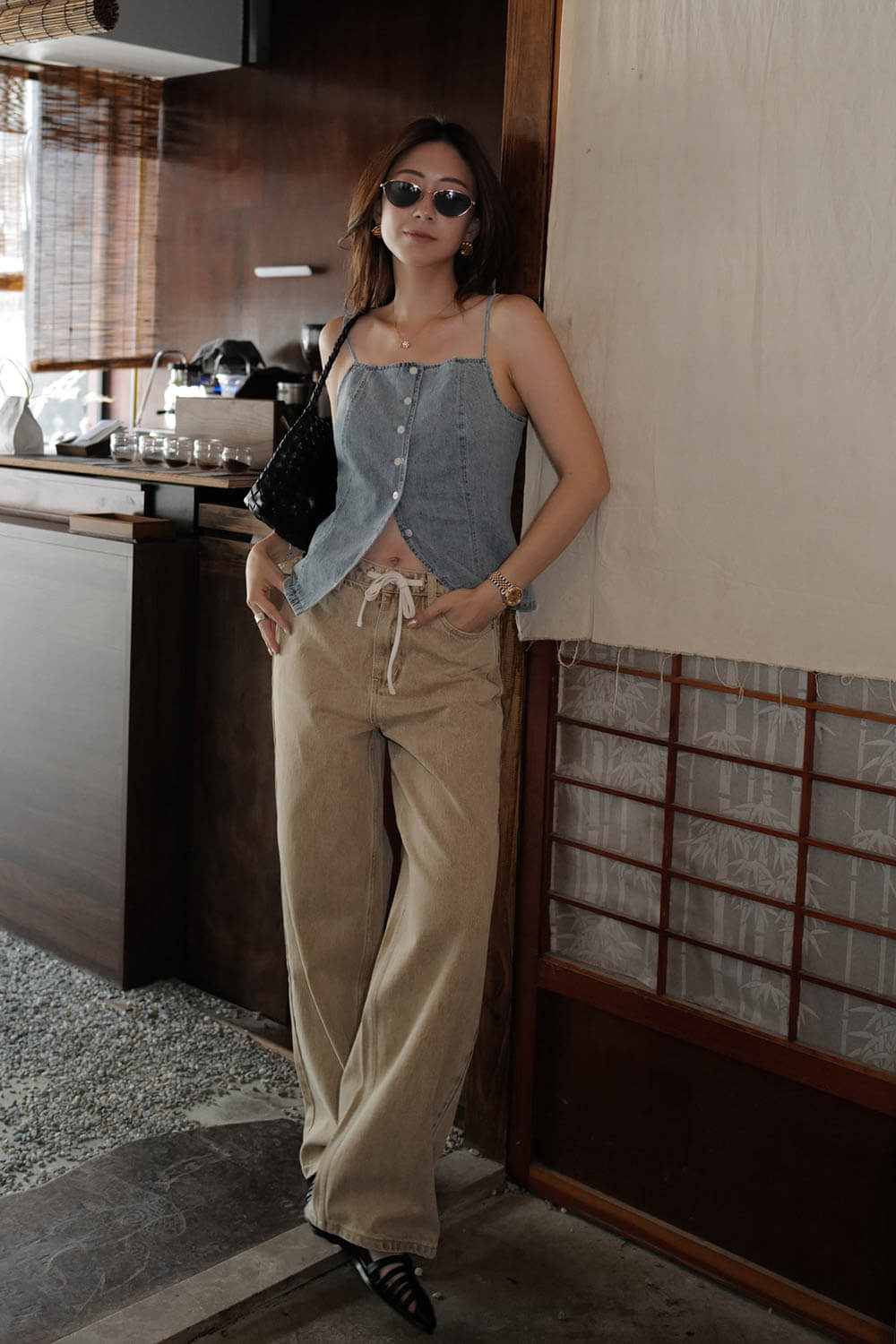 配色腰綁帶牛仔褲