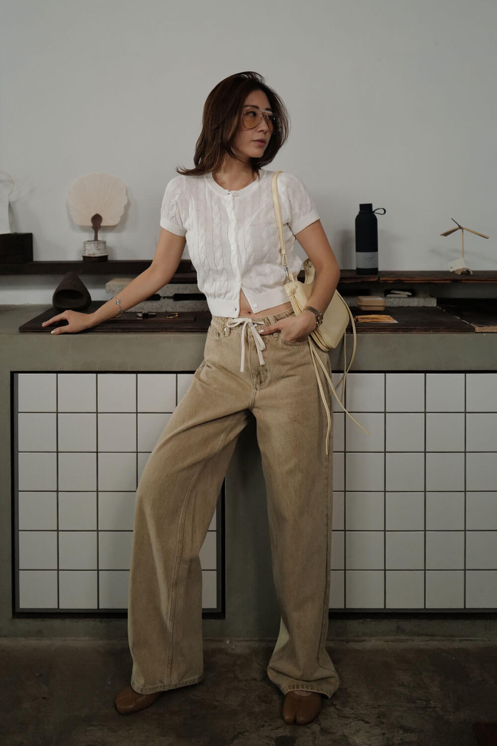 加長配色腰綁帶牛仔褲