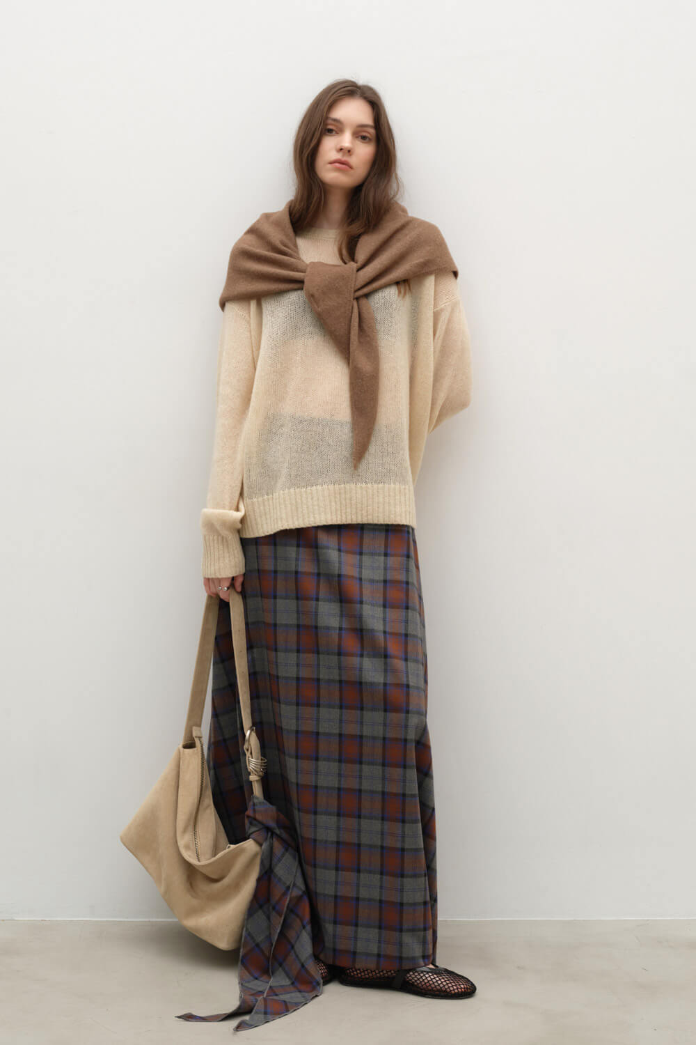 格紋傘擺開衩長裙(附三角巾)