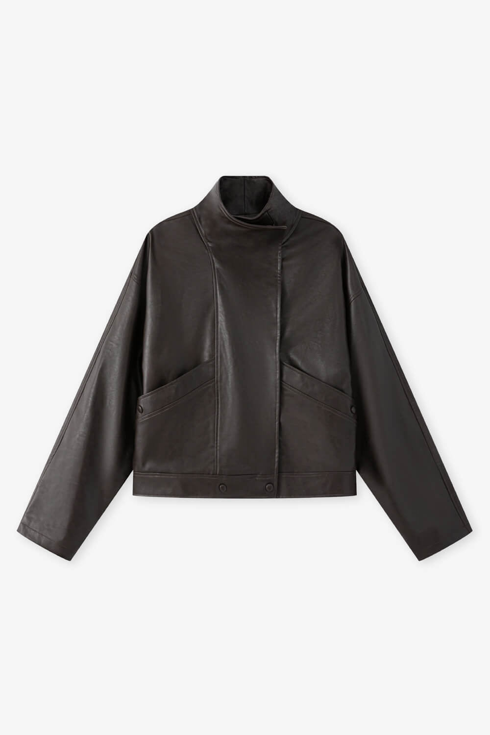 立領落肩人造皮夾克