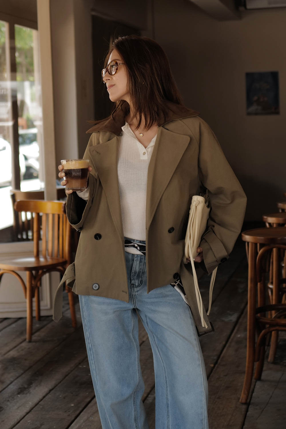 可拆式領片短風衣(附腰帶）