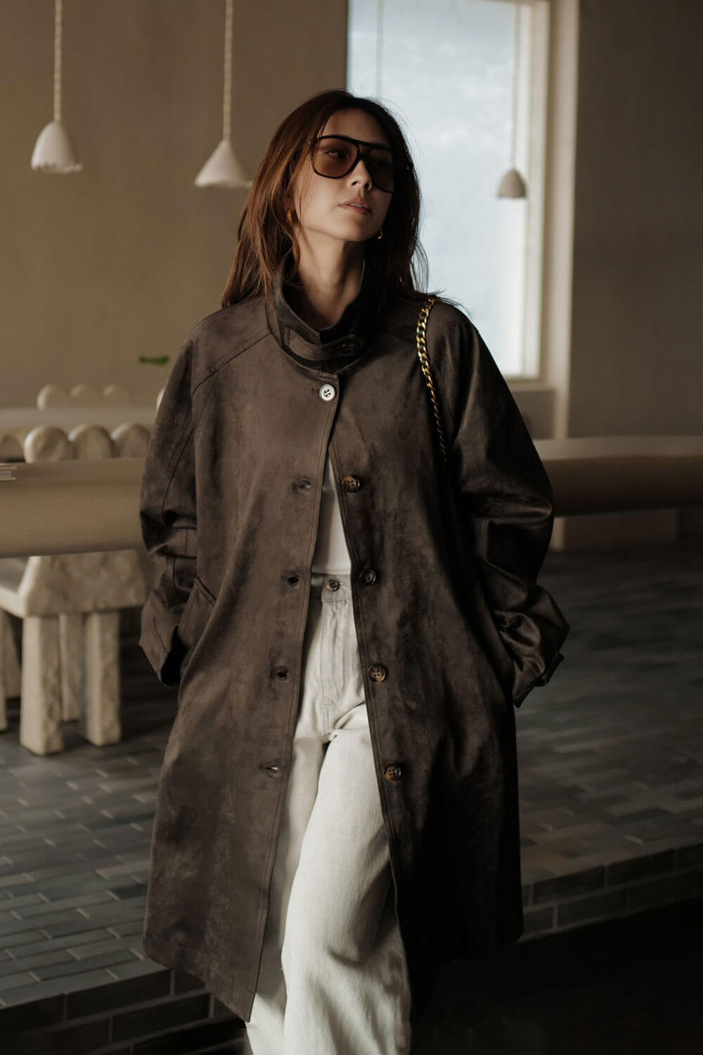 立領麂皮風衣外套