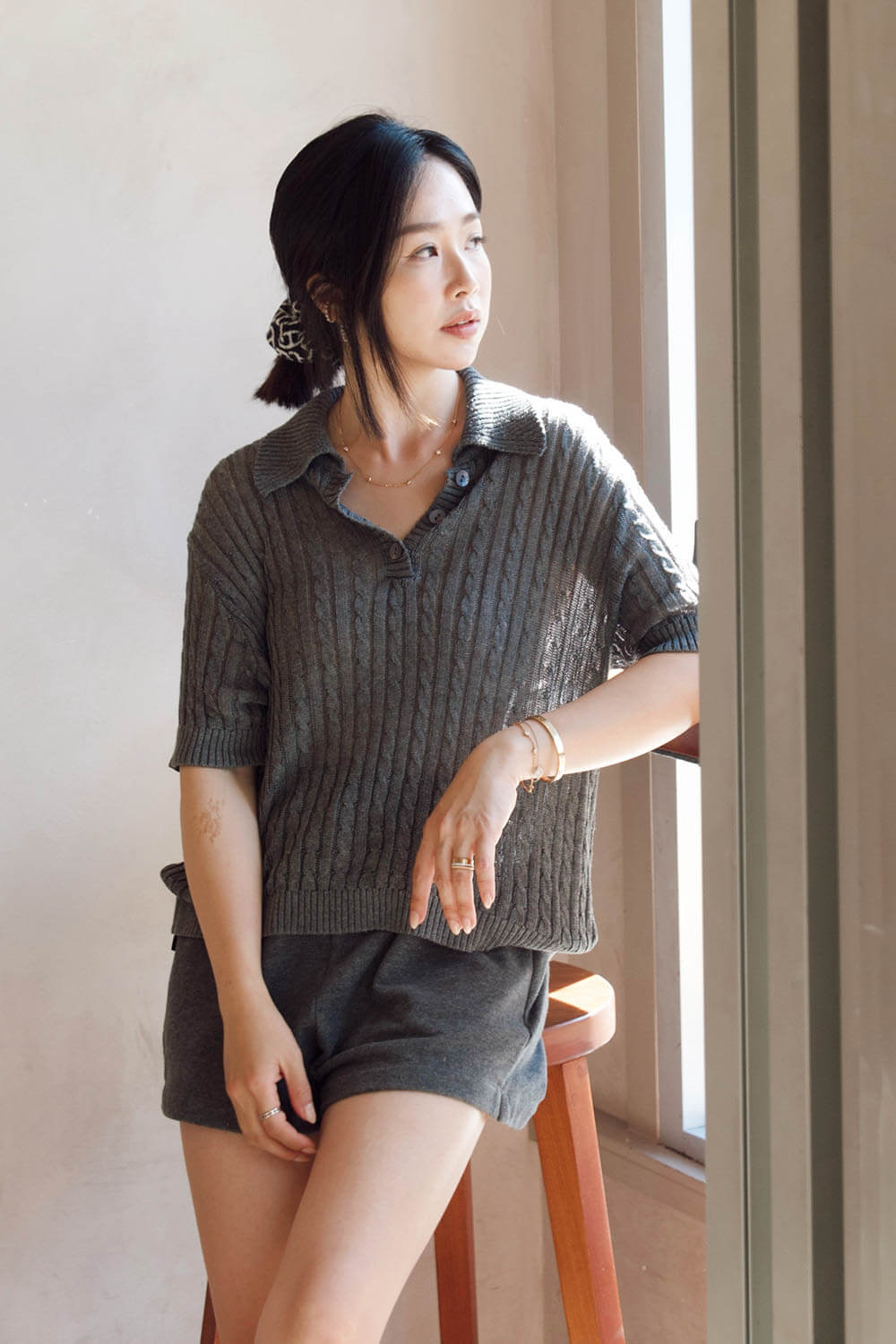 麻花翻領休閒短褲套裝