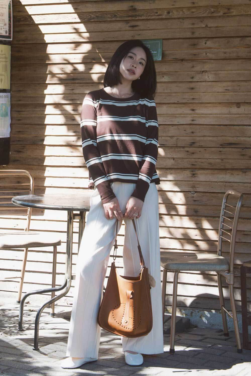 加長坑條寬鬆針織長褲